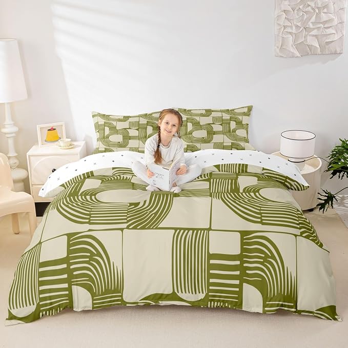 Erosebridal Boho Ethnic Boys Duvet Cover Toddler Geometric Stripes Bedding Set 2 Piece Light Olive Green Bohemian Striped Comforter Cover Modern Simple Aesthetics Bed Sets for Kids Teens Adult Men