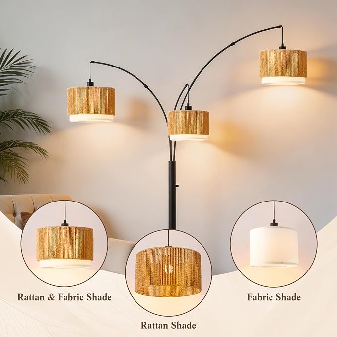 Boho Arc Floor Lamp for Living Room, Rattan Floor Lamp with Stepless Dimmable Switch, Farmhouse Standing Lamp with Wicker&Fabric Shade, Industrial Black Tall Lamp for Bedroom Over Couch Corner