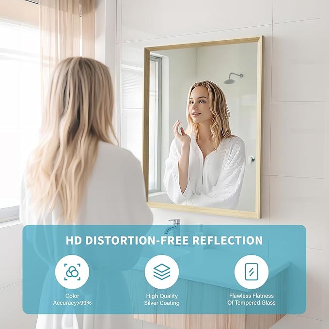 Oak Wood Effect Framed Wall Mirror, 22x30 Rectangle Mirror, Anti-desilvering Tempered Glass, Sustainable& Sturdy Frame, Anti-Rust, HD Reflection &3min Fast Setup for Bathroom Living Room