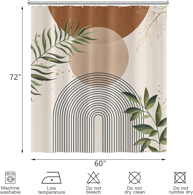 Boho Mid Century Shower Curtain, Brown Modern Minimalist Abstract Geometric Green Gold Plant Leaves Sun Arch Bathroom Curtains Waterproof Fabric Buthtub Curtain Set with Hooks 60" Wx72 L