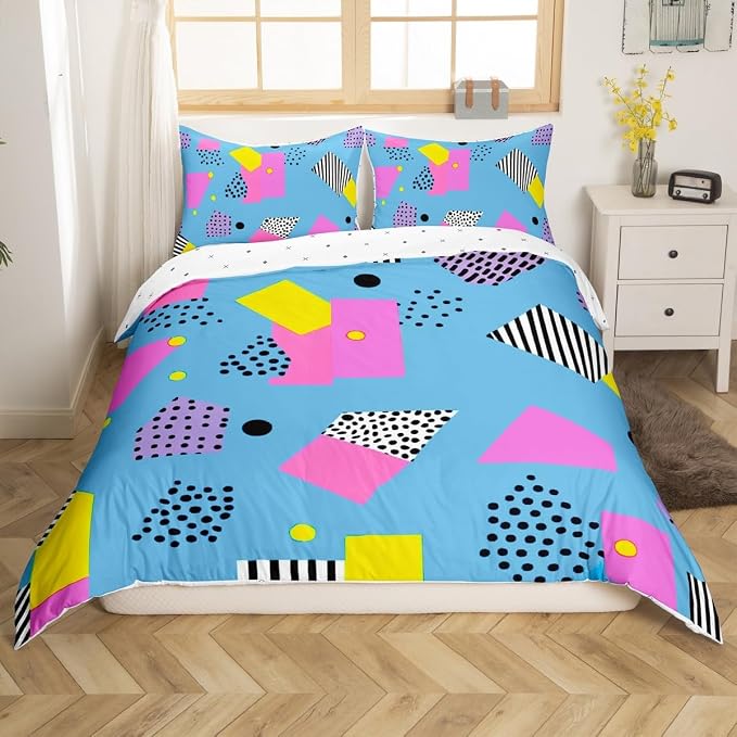 Memphis Geometric Pattern Comforter Cover Set King Size,Retro Style Round Half Moon Triangle Shapes Artwork Duvet Cover Colorful Graphic 80s 90S Style Bedding Set Abstract 1990S Memphis Home Decor
