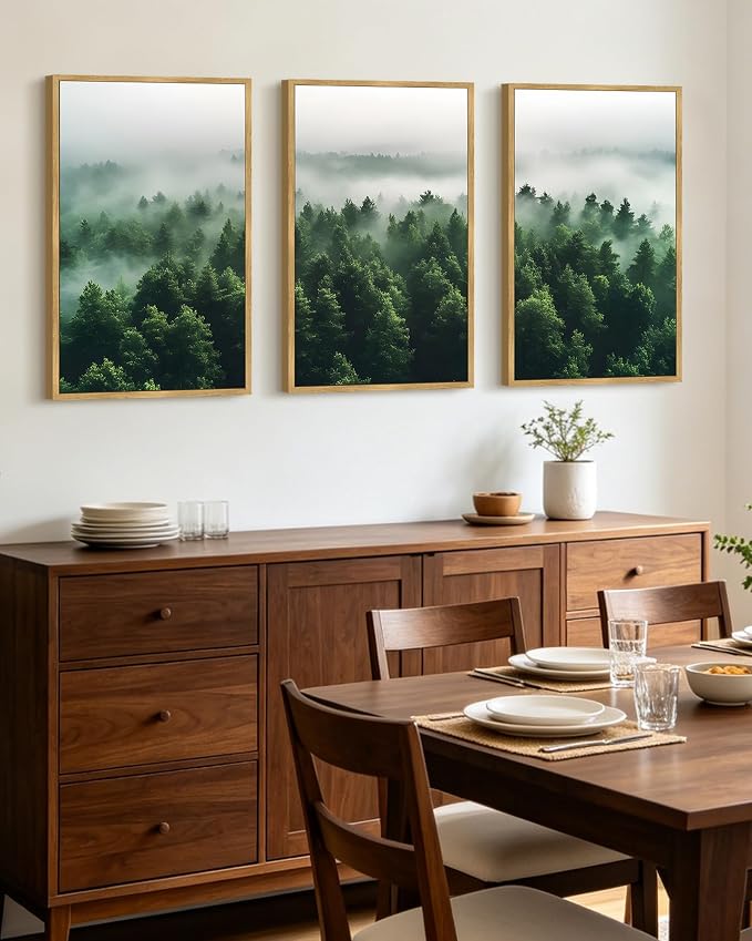 KUVIOKE Green Fog Pine Tree Framed Wall Art Nature Nordic Misty Forests Artwork Morden Painting Bedroom Decor 16x24in (Natural Framed)
