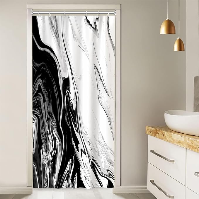 Stall Shower Curtain, Black and White Small Shower Curtain Modern Abstract Marble Waterproof Narrow Shower Curtain Set with Hooks, 36x72 Inch