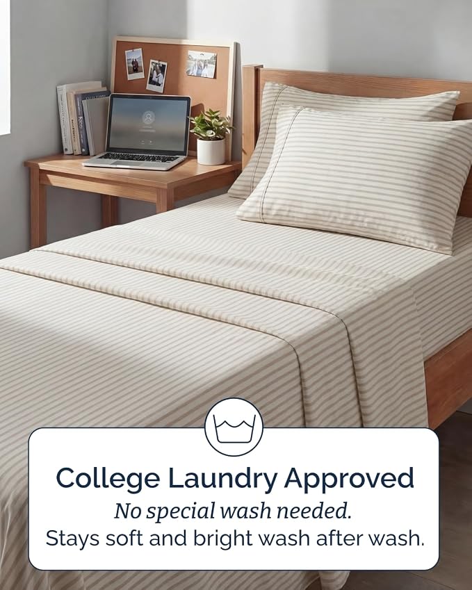 Extra Deep Twin XL Sheet Set - 4 Piece College Dorm Bed Sheets Set with Extra Deep Pockets - Ultra-Soft, Comfy & Breathable Bedding for Women, Men, Kids & Teens - Wrinkle & Fade Free - Beige Stripes 2
