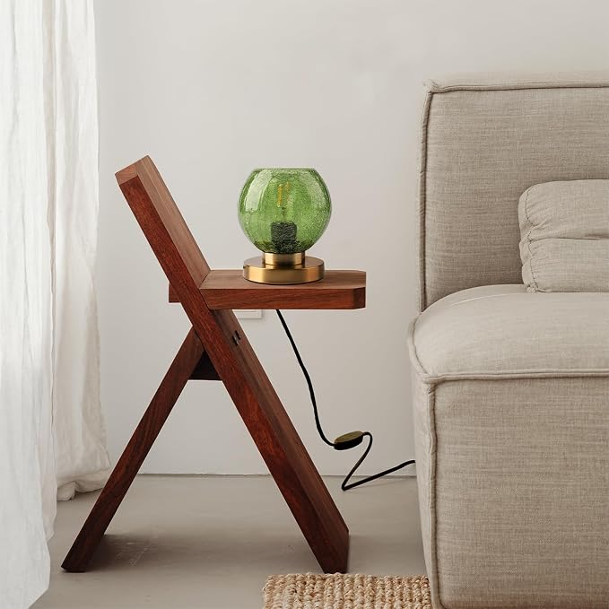 Mid Century Modern Table Lamp with Crackled Glass Shade - Green Glass, Gold Finish - Desk & Nightstand Lamp - Small, Perfect for Bedside, Living Room, Office