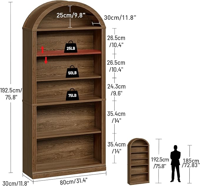 RALGEND Arched Bookshelf, 75.8" Tall Arch Bookcase with Storage, 6-Tier Farmhouse Book Shelf, Arched Cabinet, Wooden Bookshelf with Open Display Shelves, Adjustable Shelf, Office, Walnut