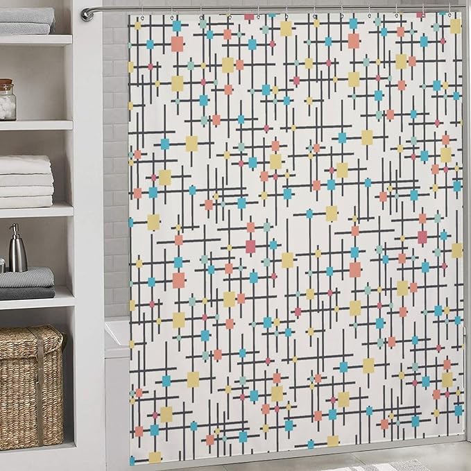 Mid Century Shower Curtain,Retro Atomic Geometric Abstract Iconic Pattern Bathroom Curtain Polyester Waterproof Fabric Decor 72x72in（183x183cm）