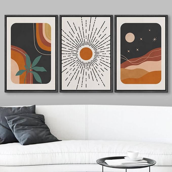 wall26 Framed Canvas Print Wall Art Set Boho Mid-Century Colorful Sun Moon Landscapes Nature Abstract Illustrations Modern Art Bohemian Decorative for Living Room, Bedroom, Office - 16"x24"x3 Black