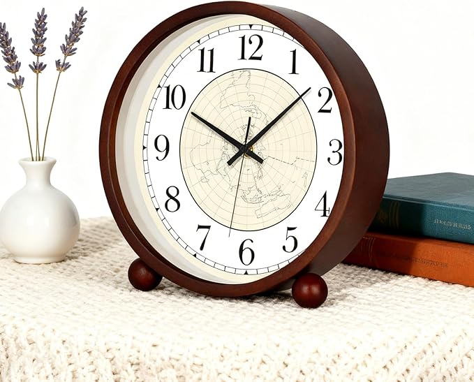 Maxspace Wooden Table Clock,8in Silent Non-Ticking Desk Clock,Battery Operated Desktop Analog Clock for Living Room Bedroom Kitchen Office Classroom Decor (Walnut - Map)