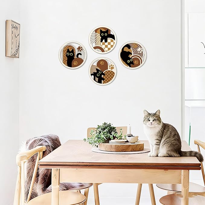 TOARTi 4PCS Boho Black Cat Wall Art Set, Minimalist Geometric Wooden Wall Decor,Abstract Bohemian Black Cats Hanging Sign, Farmhouse Cute Kitty Artwork for Bedroom Living Room Nursery Cat Lovers Gifts