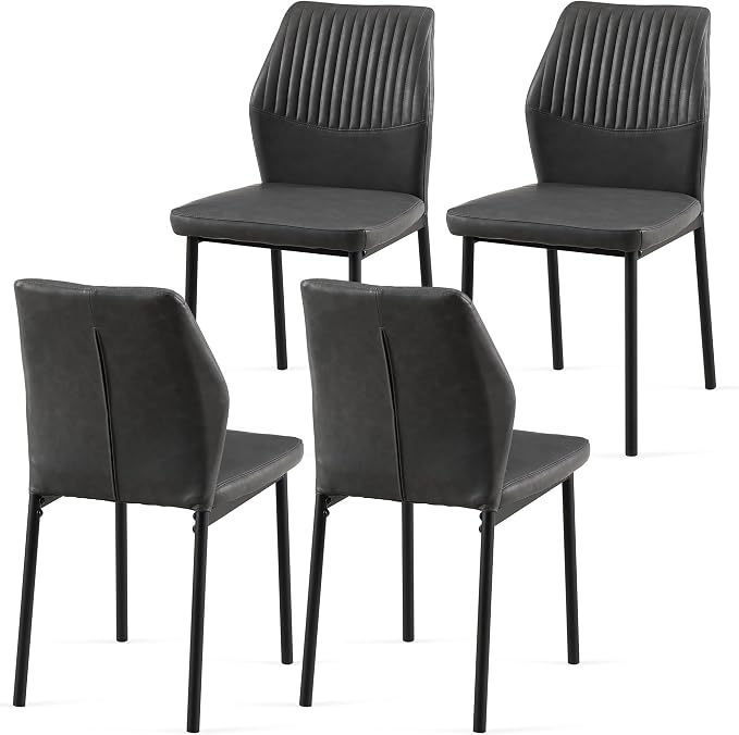 Dining Chairs Set of 4, PU Leather Dining Room Chairs, Comfortable Upholstered Kitchen Chair with Black Metal Legs for Living Room, Dining Room, Dark Grey