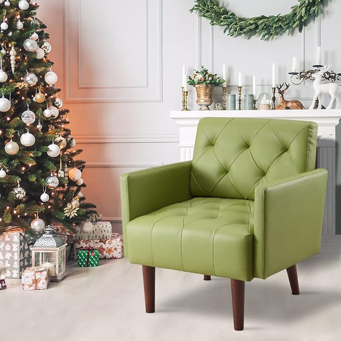 Faux Leather Accent Chair, Modern Retro Arm Chair for Living Room and Bedroom Tufted Upholstered Sofa Club Chair Comfy Armchair for Small Spaces Bedroom Office (Olive)