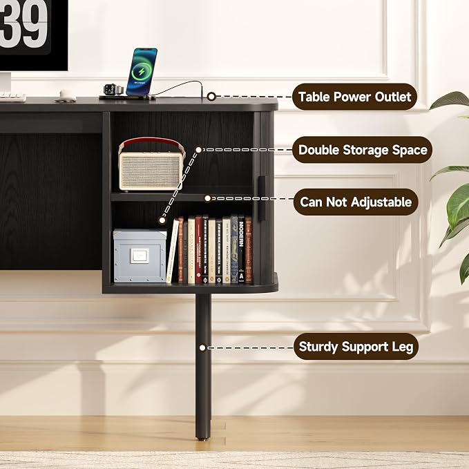 ONBRILL 63 Inch Fluted Computer Desk with Charging Station, Mid Century Executive Desk with 2 Storage Cabinets, Modern Home Office Large Desk with Metal Legs for Working, Studying, Writing, Black