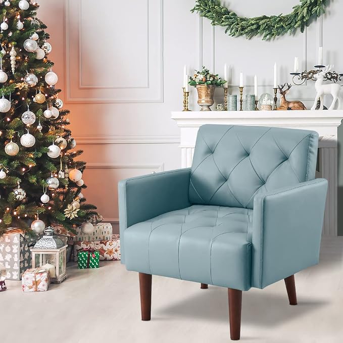 Faux Leather Accent Chair, Modern Retro Arm Chair for Living Room and Bedroom Tufted Upholstered Sofa Club Chair Comfy Armchair for Small Spaces Bedroom Office (Blue)