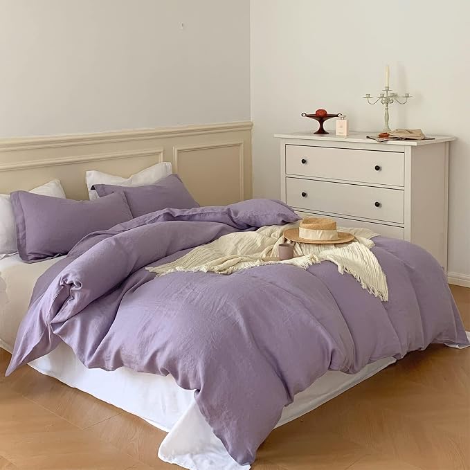 Simple&Opulence 100% Linen Duvet Cover Set with Washed-French Flax-3 Pieces Solid Color Basic Style Bedding Set-Breathable Soft Comforter Cover with 2 Pillowshams (Full, Lilac)