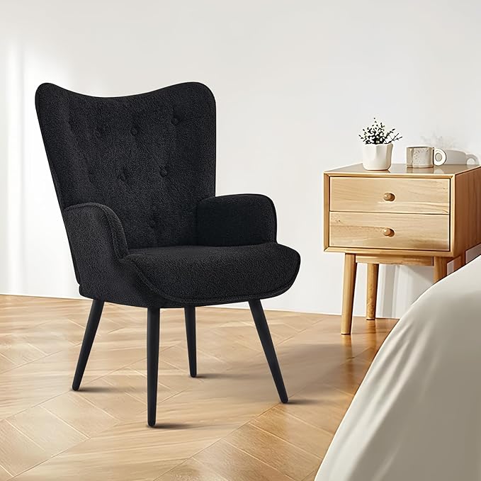Furnimart Faux Fur Black Accent Chair Wing Back Modern Living Room Chairs, Comfy Armchair Leisure Vanity Guest Chair for Office Vanity Bedroom Waiting Room Black Faux Fur