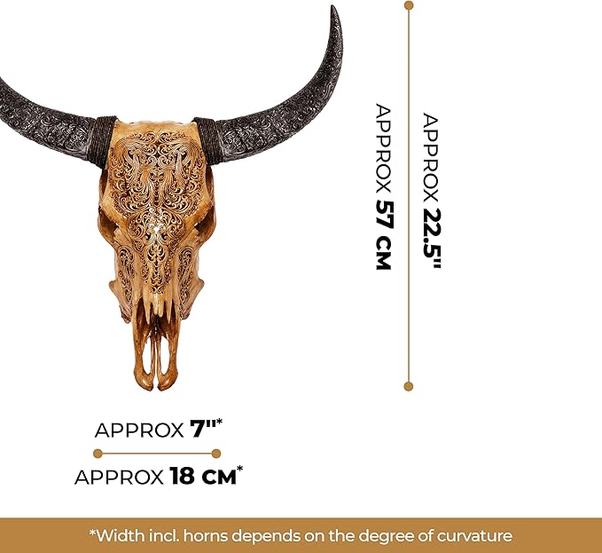Skull Bliss - Hand-Carved Real Authentic Taxidermy Cow Skull/Bull Skull Wall Decor with Horns/Real Animal Cow Skull Wall Decor (Hand-Carved Horns)