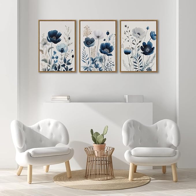 BingruiArt Navy Blue Wall Art Canvas Abstract Floral Painting Blue and Gray Posters Watercolor Flower Decor Wildflower Pictures Botanical Prints for Living Room Bedroom Bathroom 3 Pcs 16"x24" Natural Framed