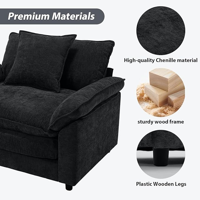 Modern Oversized Chair, Comfy Chenille Accent Chair Large Upholstered Armchair with Extra Thick and Deep Seat Lounge Chair for Living Room,Bedroom,Apartment (Black)