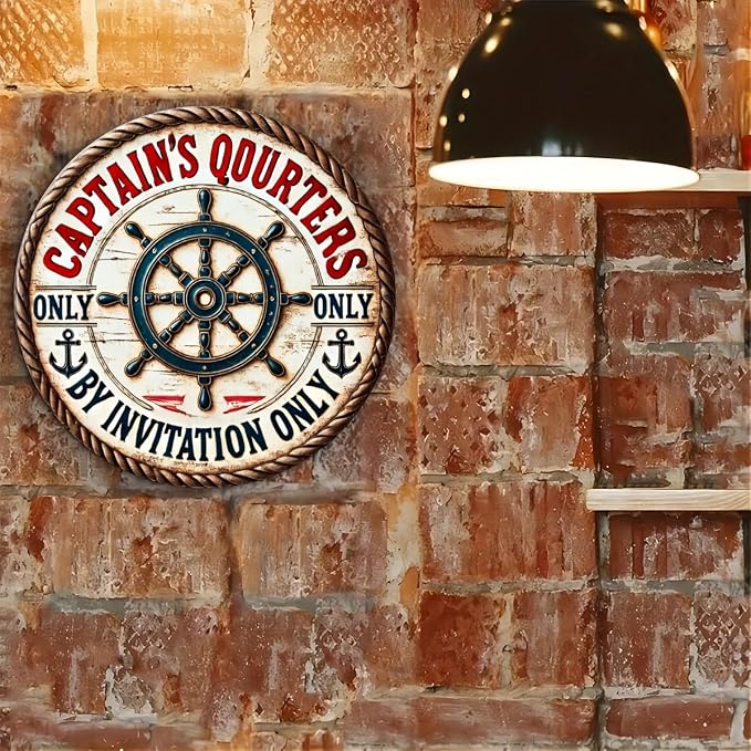 Vintage Captain's Quarters Nautical Aluminum Sign, Invitation-Only Maritime Decorative Wall Plaque for Room, Cafe, Garage, Farmhouse - Circular Foil Engraved Metal Decor