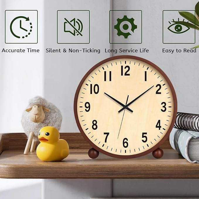 Maxspace Wooden Table Clock,8in Silent Non-Ticking Desk Clock,Battery Operated Desktop Analog Clock for Living Room Bedroom Kitchen Office Classroom Decor (Walnut)