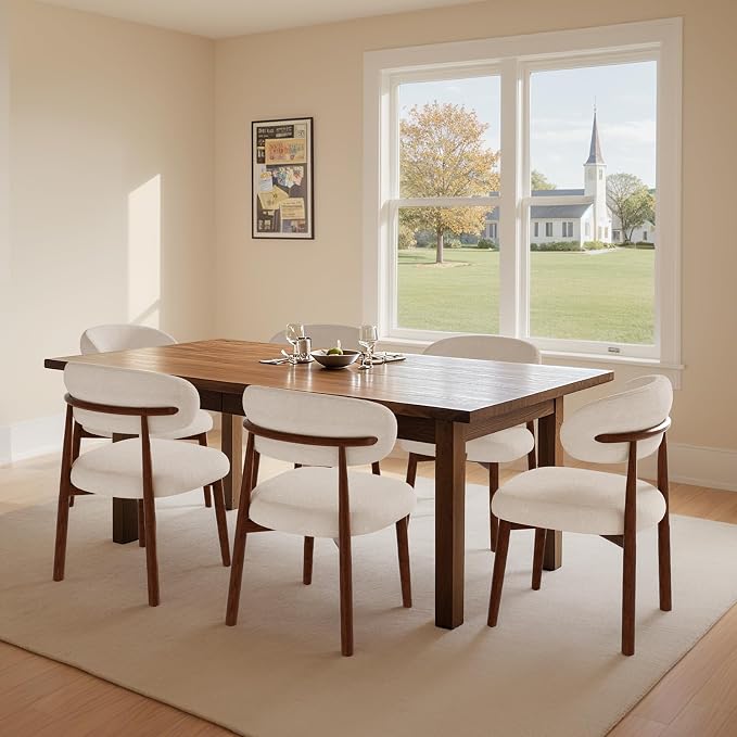 Farmhouse Dining Chairs Set of 8, Mid Century Modern Fabric Upholstered Kitchen Chairs, Wooden Dining Room Chair with Curved Back for Kitchen Dining Room Restaurant Cafe, Light Camel (Only Chairs)