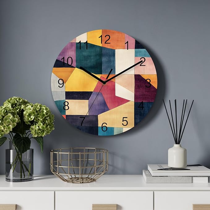 Impressionist Style Wall Clock Battery Operated Non-Ticking 12" Round Wood Clocks, Modern Colored Color Block Kitchen Wall Clock for School Bathroom Living Room Home Office Wall Decor