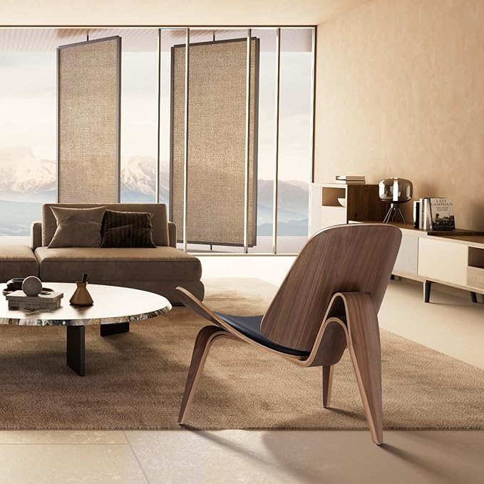 Mid Century Modern Shell Lounge Chair, PU Leather, Tripod Plywood Classic Design Solid Wood Accent Chairs for Living Room, Reading, Lounge, Office, Salon