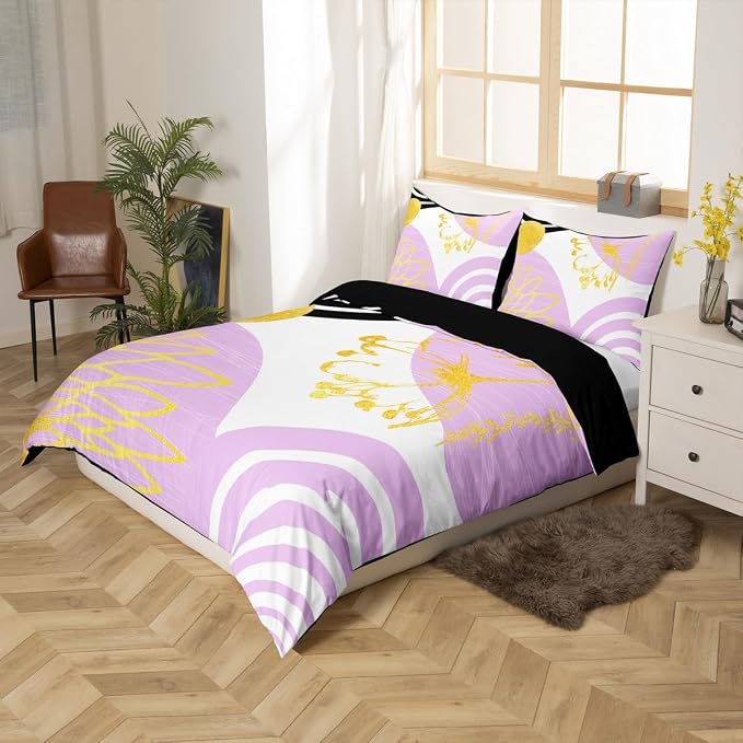 Erosebridal Purple and White Modern Duvet Cover Full Size for Minimalist | Abstract Mid Century Comforter Cover Bohemian Leaf Floral Botanical Bedding Set Aesthetic Modern Geometric Bed Set