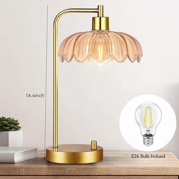 Glass Table Lamp Set of 2,Small Gold Bedside Lamps Dimmable Boho Bedroom Lamp with Tulip Flower Amber Lamp Shade,Vintage Mid Century Modern Mini Nightstand Lamp for Bedroom Living Room