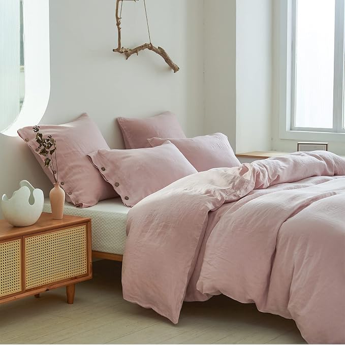 Simple&Opulence 100% Linen Duvet Cover Set 3pcs with Coconut Button Closure Natural French Washed Flax Solid Color Soft Breathable Farmhouse Bedding - Blush Pink, Full Size
