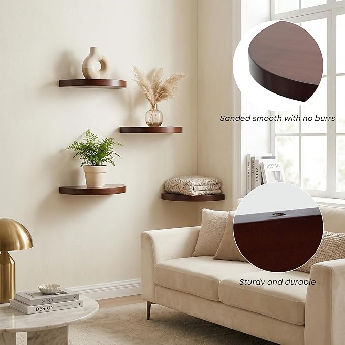 Small Wood Floating Shelves (4-Pack, 8-inch Diameter) - Round Sturdy Invisible Wall Mount Display for Small Plants,Toys,Bathroom,Living Room Storage & Modern Rustic Décor (Dark Walnut)