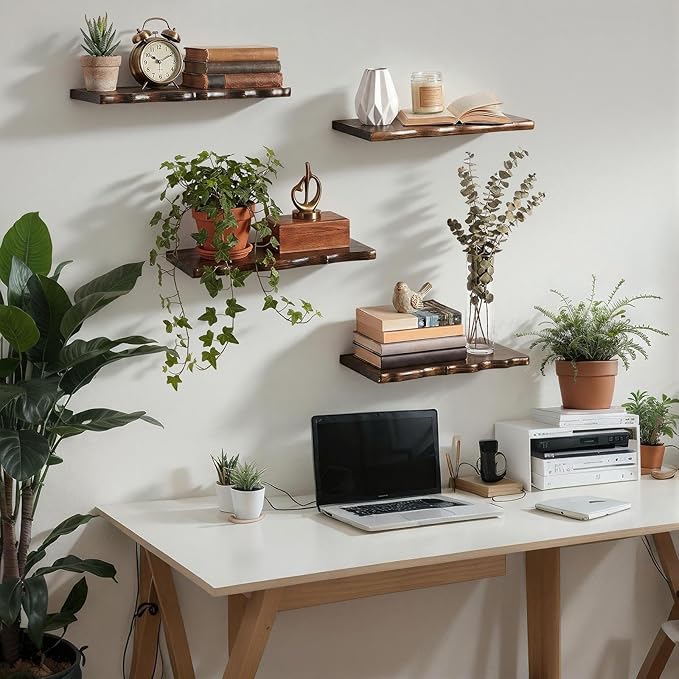 Pinkunn 4 Pcs Floating Shelves for Wall Rustic Wooden Floating Shelf Wooden Shelves for Bathroom Living Room Bedroom Kitchen Wall Mounted Live Edge Pine Shelf(Walnut Wood Color,15.75 Inches)