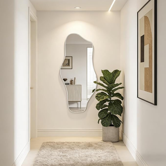 Irregular Wall Mirror, 54.5"x24" Silver Asymmetrical Tempered Glass Mirror, Large Frameless Organic Shaped Mirrors for Entryway Hallway Bedroom Living Room, Horizontal or Vertical Hanging