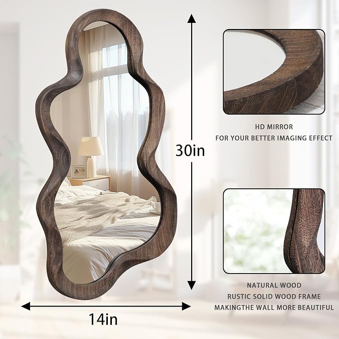Large Asymmetrical Mirrors for Wall Wood Frame Irregular Mirror Unique Cloud Wavy Mirror Modern Living Room Bedroom Vanity Entryway Hallway Decorative Artistic Wall Mirror