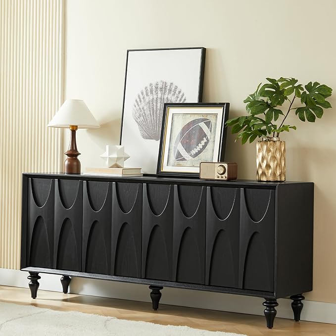LKTART 62.99" Sideboard Buffet Cabinet with Storage, Solid Wood Kitchen Storage Cabinet Credenza Accent Console Table with Solid Wood Roman Legs Dovetail Door Trim Panel Ash Veneer,Black