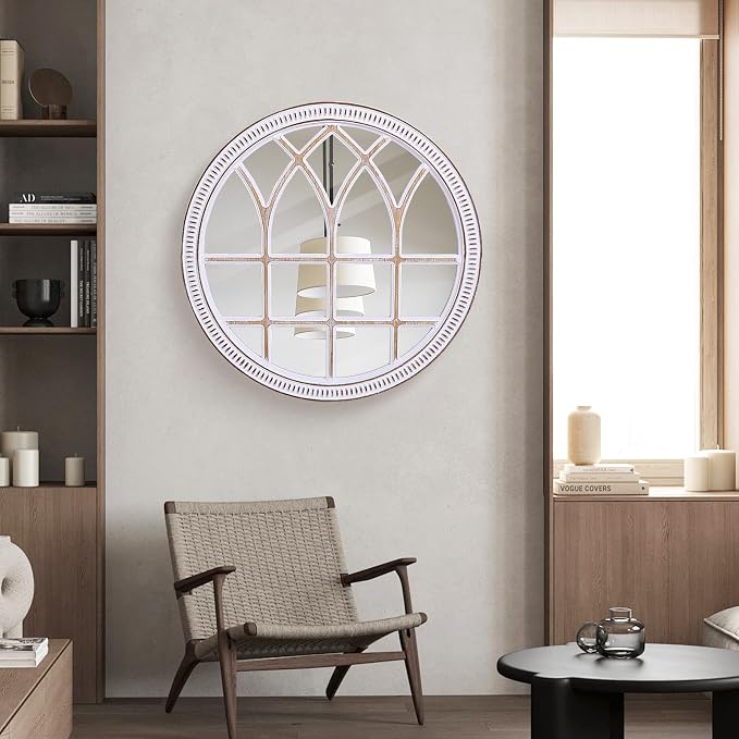HOITUZYUS 36 Inch Decorative Round Wood Window Mirror | Large Farmhouse Windowpane Wall Mirrors for Entryway, Living Room, Bedroom, Dining Room & Mantel Decor