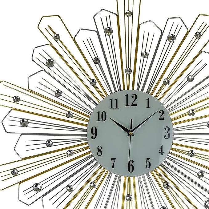 HomeRoots 27" Gold Silver and Metal and Faux Crystals Silent Analog Sunburst Wall Clock