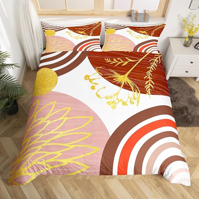 Erosebridal Mid Century Modern Duvet Cover King Size for Kids Teens Adults - Pink Brown Abstract Comforter Cover Boho Minimalist Aesthetic Bedding Set Chic Modern Geometric Bohemian Floral Bed Set