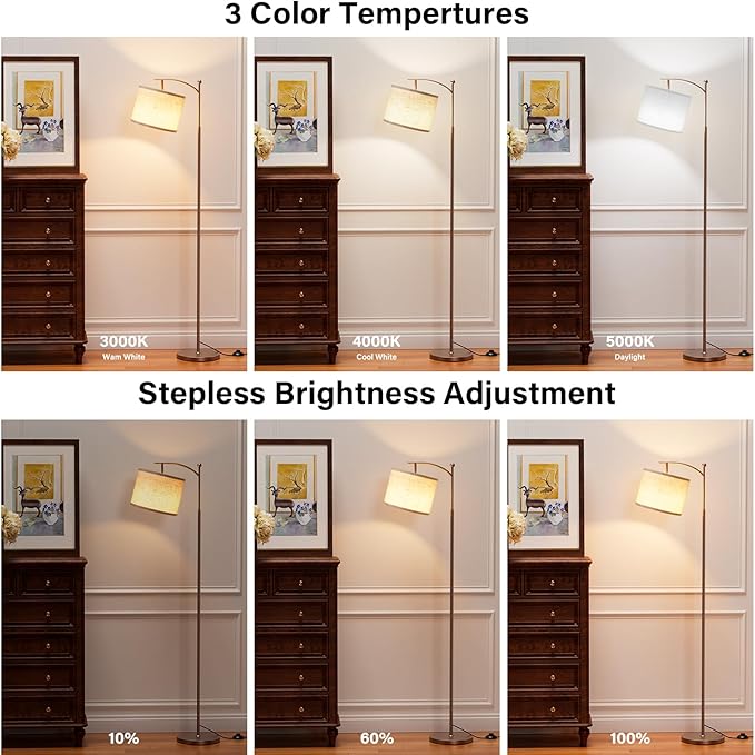 60" Floor Lamps with Remote Control & Bulb, Colors Temperature & Brightness Adjustable, Beige Shade & Brown Pole