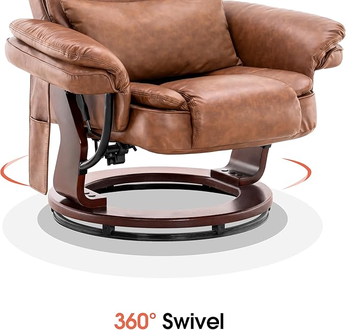 MCombo Swivel Recliner with Ottoman Chair, TV Chair Sets with Vibration Massage, for Small Space Living Room Bedroom 9096 9099 (Faux Leather, Saddle)