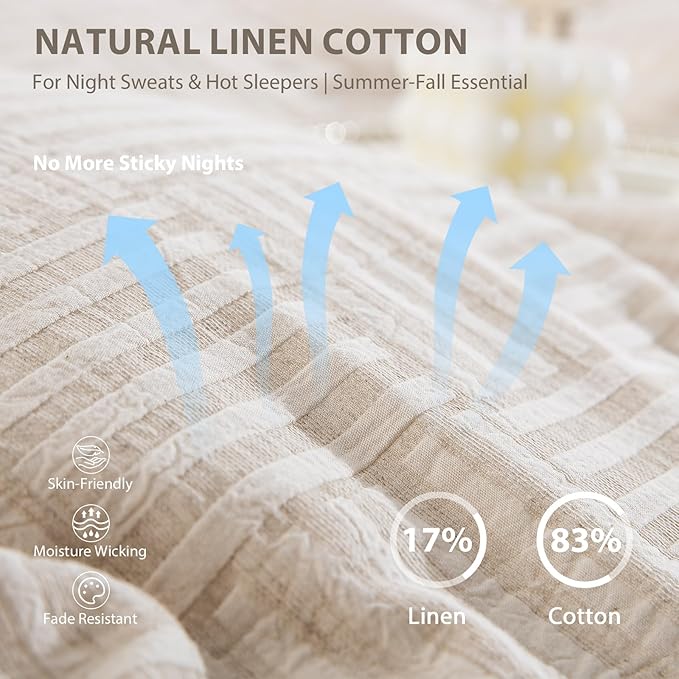Beige Checkered Cotton Linen Duvet Cover King Size, Soft Breathable Bedding Set for Night Sweats -1 Textured Duvet Cover 104x90 Inches with Zipper Closure, 2 Pillowcases