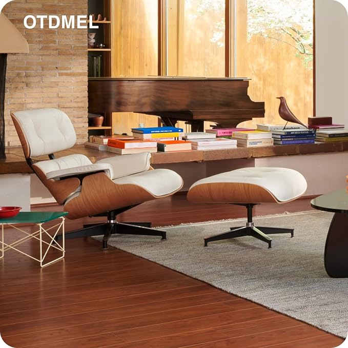 Top White Grain Leather, Mid Century Chaise Lounge Chair and Ottoman, Modern Chair Classic Design, Walnut Wood, Heavy Duty Base Support for Living Room Office