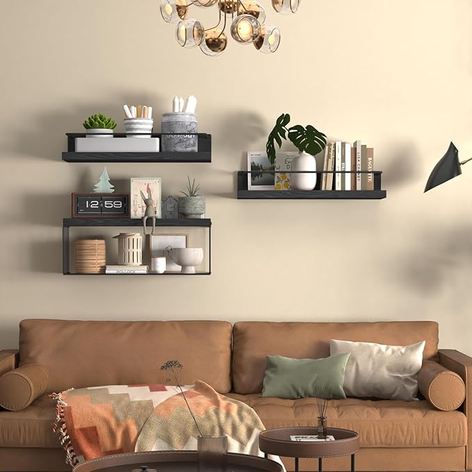 Bathroom Shelves Over Toilet for Wall, Floating Shelves with Storage Basket Paper Holer for Kitchen Living Room, Bedroom & Classroom, Set of 3 (Black)