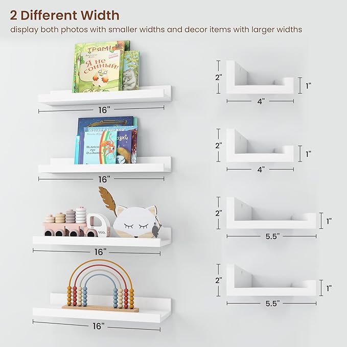 Axeman Picture Ledge Shelf | 16 Inch White Floating Shelves Set of 4 | Rustic Wood Wall Shelves with Lip | 16" Picture Shelves for Wall with Ledge | White Photo Shelves