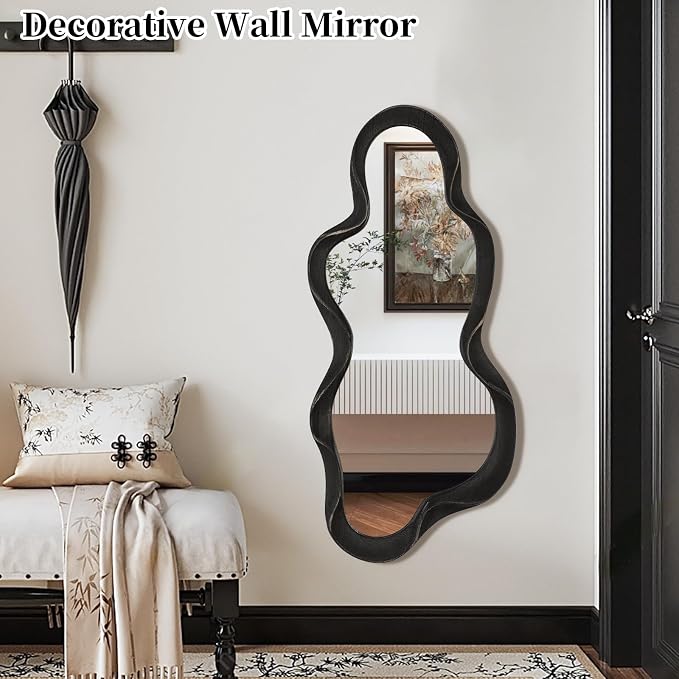 Large Asymmetrical Mirror Irregular Modern Cloud Wall Mirror Wood Frame Unique Artistic Wavy Mirror Wall Mounted Vanity Mirror Decorative for Living Room Bedroom Bathroom Entryway Hallway 30"x14"