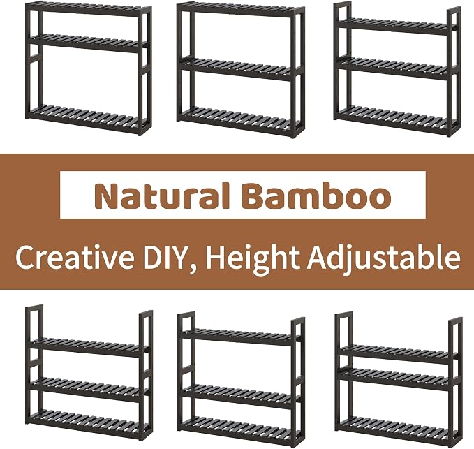 Bathroom Shelf Bamboo Organizer Rack Adjustable 3-Tier Storage Shelf Wall Mounted Storage Rack Over The Toilet Utility Shelves Living Room Kitchen Shelf(Black)