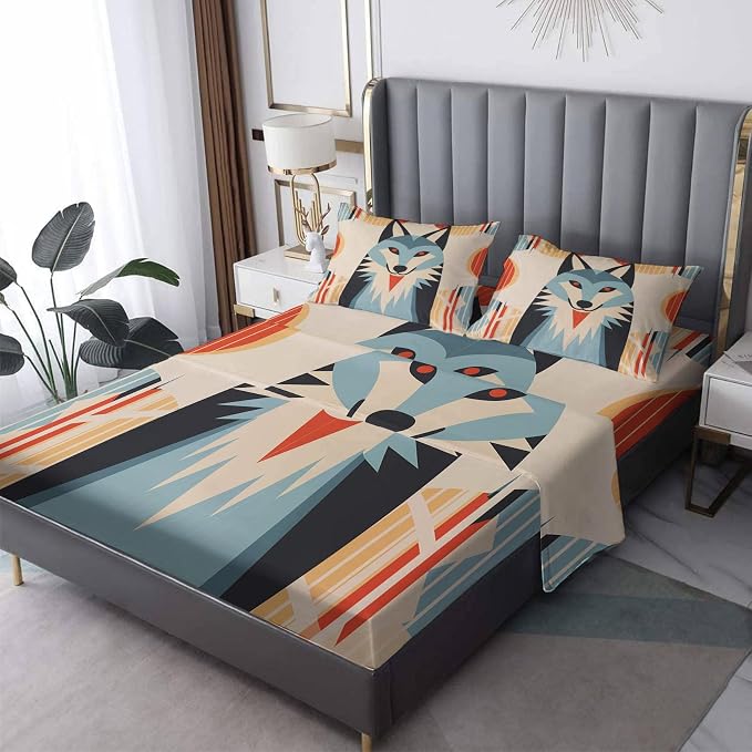 Geometric Wolf Sheets Twin Size, Mid Century Modern Bed Sheet Set, Abstract Wildlife Bedding Sheet Sets 3 Piece, Soft Microfiber Deep Pocket Fitted Sheet & Flat Sheet & 1 Pillowcase