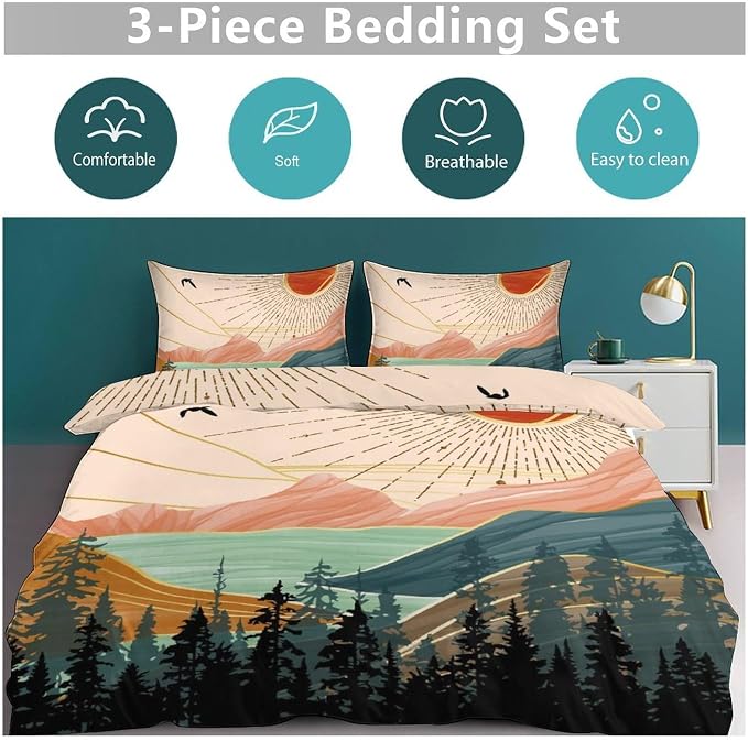 Boho Sun Bedding Set,Modern Minimalist Abstract Mountain Nature Leaves Sunrise Comforter Set with Pillowcase for Bedroom Bed Decor，Twin 86"x70"