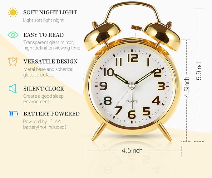 Tetino Super Loud Alarm Clock for Heavy Sleepers,4 inches Twin Bell Alarm Clock with Backlight,Battery Operated,Silent Non Ticking,for Kids,Adults,Bedrooms,Retro Decor Desk Analog Clocks. (Golden)